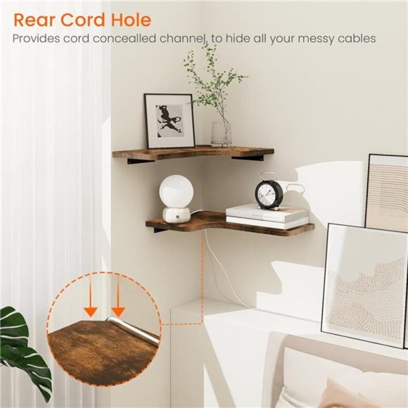 Corner Floating Shelves with Cord Hole, Set of 3 Wood Wall Shelves Rustic Brown - Picture 5 of 6